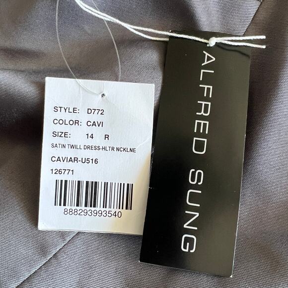 Alfred Sung Dress Size 14 Satin Twill Halter Neck Gown Caviar Gray D772 - Picture 3 of 15